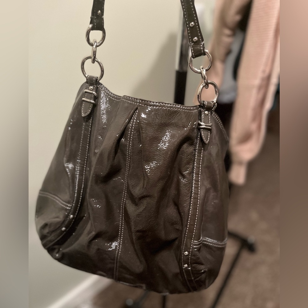 Patent leather dark grey coach purse